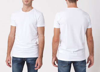 T-shirt design and people concept - close up of young man in blank white t-shirt, shirt, front and...