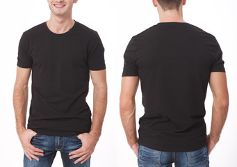 t-shirt design and people concept - close up of young man in blank white t-shirt, shirt, front and...