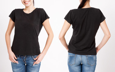 T-shirt design and people concept - close up of young woman in blank white t-shirt, shirt, front and rear isolated. Clean shirt mock up for design set.