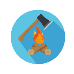 Flat Icon Of Axe And Fire With Long Shadow For Travel And Hiking