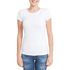 Obraz premium T-shirt design, people concept - closeup of young woman in blank white shirt, front isolated. Mockup square.