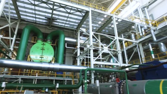 Heat power station. Panoramic view of the interior of russian thermal power plant. 4K