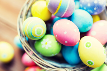 close up of colored easter eggs in basket