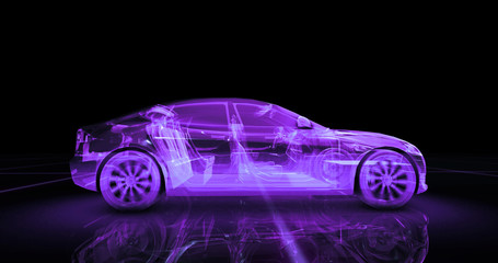 Sport car wire model with purple neon ob black background