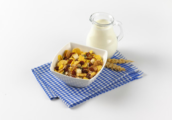 bowl of breakfast cereals and jug of milk