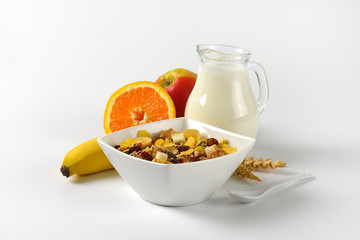 breakfast cereals, milk and fresh fruit