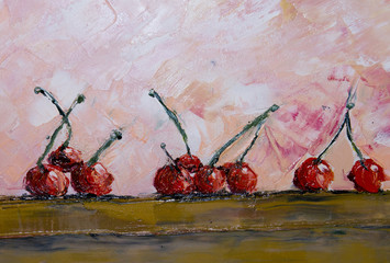 still life oil painting. A lot of red cherries scattered on the table, abstract background of different colors colorful