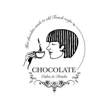 Hand drawn logo for cafe, hot chocolate outlet with elegant lady holding chocolate cup. Vector Illustration