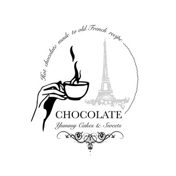 Hand drawn logo for cafe or hot chocolate outlet with hand holding steaming cup with Eiffel Tower in background. Vector Illustration