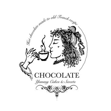 Hand drawn logo for cafe, hot chocolate outlet with elegant lady holding chocolate cup. Vector Illustration