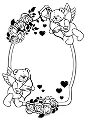 Oval label with outline roses and teddy bear.  Vector clip art.