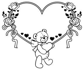 Heart-shaped frame with outline roses, teddy bear holding heart