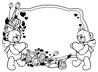 Oval label with outline roses and cute teddy bear holding heart. Vector clip art