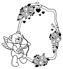 Oval label with outline roses and teddy bear.  Vector clip art.
