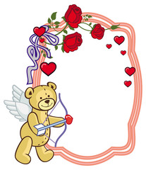 Color frame with roses and teddy bear with bow and wings, looks like a Cupid.