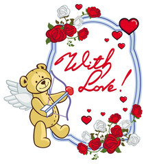 Oval frame with red roses, teddy bear, looks like a Cupid