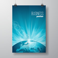 Vector Business Flyer illustration with globe on blue background.