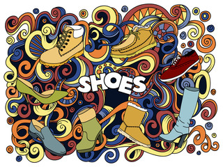 Cartoon cute doodles hand drawn Shoes vector illustration. Colorful detailed, with lots of objects background.