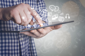 Hand touching tablet pc, social media concept