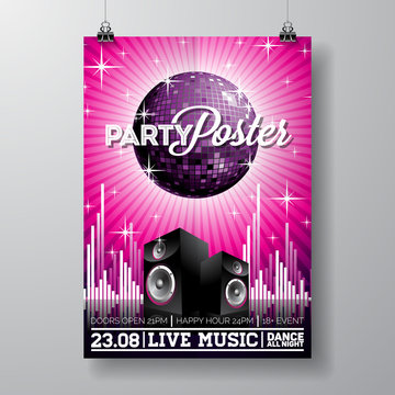 Vector Party Flyer Design with music elements on violet background. Speakers and disco ball.