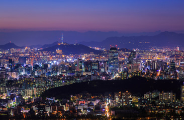 Fototapeta na wymiar Seoul City at Night with Seoul Tower, South Korea