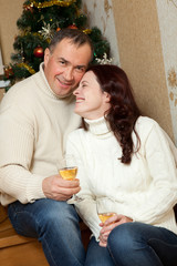 Christmas Couple.Happy Smiling Family at home celebrating.New Year People. Middle-aged couple near a Christmas tree with glass of champagne in interior of house