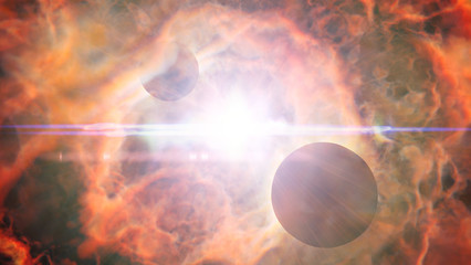 Obraz na płótnie Canvas two planets orbiting a bright star in a beautiful vibrant nebula