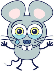 Cute gray mouse in minimalistic style with huge rounded ears, bulging eyes and big teeth while crying bitterly and showing a very sad and dispirited mood