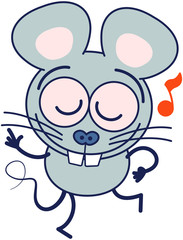 Cute gray mouse in minimalistic style with big rounded ears and long tail while closing its bulging eyes, smiling and dancing animatedly