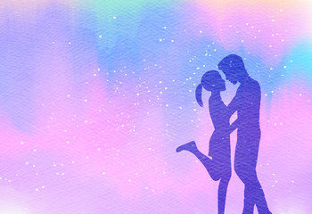 Young couple in love  silhouette on watercolor background. Romantic scene. Digital art painting.