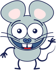 Cute gray mouse in minimalistic style with huge rounded ears, bulging eyes and big teeth while waving, greeting and welcoming animatedly