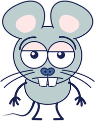 Cute gray mouse in minimalistic style with huge rounded ears, bulging eyes and big teeth while feel unmotivated and showing a sad apathetic attitude