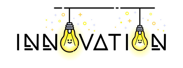 Light bulbs in creative banner. Innovation ideas. Vector flat line style design