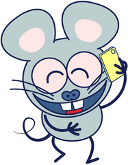 Cute gray mouse in minimalistic style with huge rounded ears, bulging eyes and big teeth while talking animatedly on a smartphone