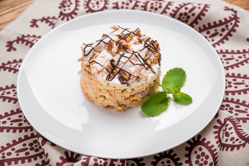 Piece of chocolate cake with caramel