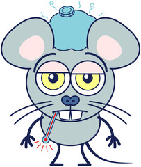 Cute gray mouse in minimalistic style with huge rounded ears, bulging eyes and big teeth while having a thermometer in its mouth, an ice pack above its head, showing a sad mood and feeling sick