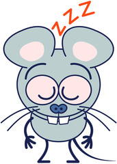Cute gray mouse in minimalistic style with huge rounded ears, bulging eyes and big teeth sleeping placidly while standing up in a surprising and tired mood