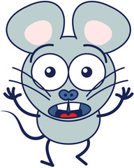 Cute gray mouse in minimalistic style with huge rounded ears, bulging eyes and big teeth while widely opening its eyes, raising its arms and expressing surprise and fear