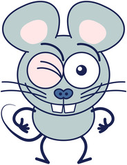 Cute gray mouse in minimalistic style with huge rounded ears, bulging eyes and big teeth while winking, smiling generously and making thumbs up