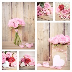 Obraz premium Rosenstrauß - Collage - rosa Rosen - Nostalgisch, Vintage, Retro
