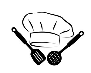 logo con cappello da chef e utensili da cucina 