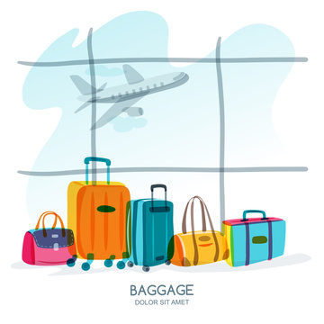 Travel and tourism concept. Multicolor luggage, suitcase, bag at the airport terminal window and flying plane. Vector doodle isolated illustration. Trendy flat design for summer vacation.