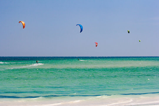 Parachute kitesurf overlook the ocean in front of the Watamu bea