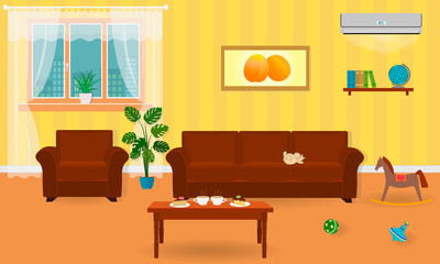 Living room interior in bright colors including a sofa, armchair, coffee table, air conditioning, toys.