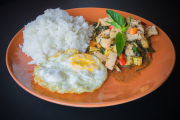 Thai spicy food, stir fried chicken whit basil on rice