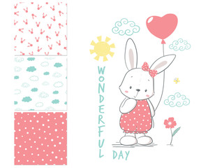 Little Rabbit with balloon. Surface pattern and 3 seamless patte