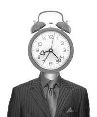 Bizarre Time-Manager. Businessman dressed in striped suit with an alarm clock instead of a head. Black and white version of photo and graphic composition, isolated on white background.