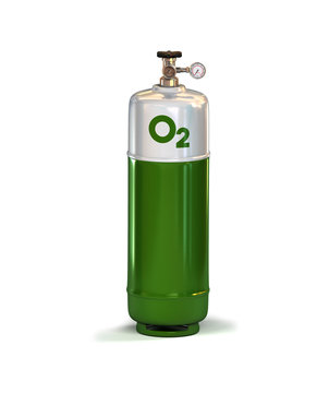 Green compressed Oxygen Gas Container with high pressure regulator. 3d rendering isolated on white background