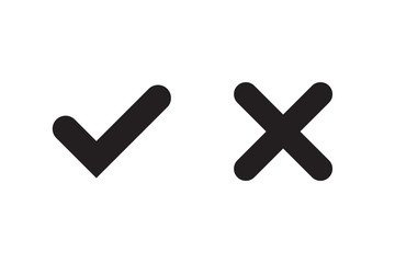 Tick and cross signs. Black checkmark OK and X icons, isolated on white background. Simple marks graphic design. Circle symbols YES and NO button for vote, decision, web. Vector illustration