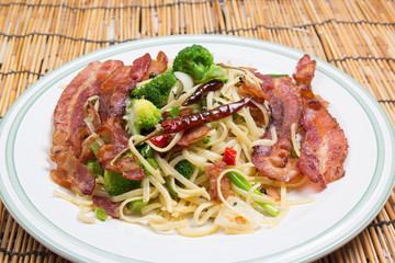 Spicy bacon spaghetti on the plate